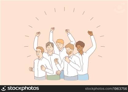 Mixed race team and success concept. Group of young men colleagues worker of various ethnicities standing celebrating success together vector illustration . Mixed race team and success concept