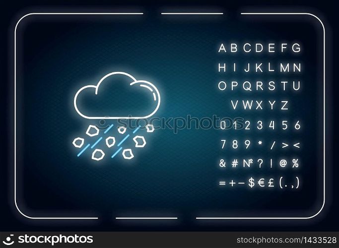 Mixed rain neon light icon. Outer glowing effect. Hailstorm, meteorology sign with alphabet, numbers and symbols. Bad weather forecast. Raining cloud with hail vector isolated RGB color illustration. Mixed rain neon light icon