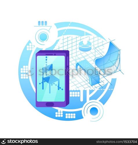 Mixed reality projection 2D vector web banner, poster. Smartphone for AR experience flat object on cartoon background. Simulator for entertainment. Interior modeling with technology colorful scene. Mixed reality projection 2D vector web banner, poster