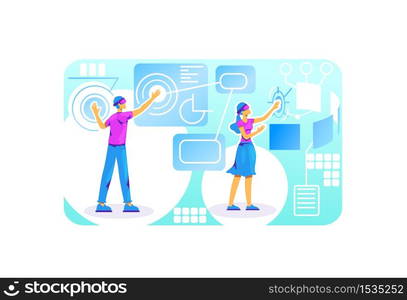 Mixed reality wearables 2D vector web banner, poster. People in VR glasses flat characters on cartoon background. Simulator for entertainment. Touch screen in cyber space colorful scene. Mixed reality wearables 2D vector web banner, poster