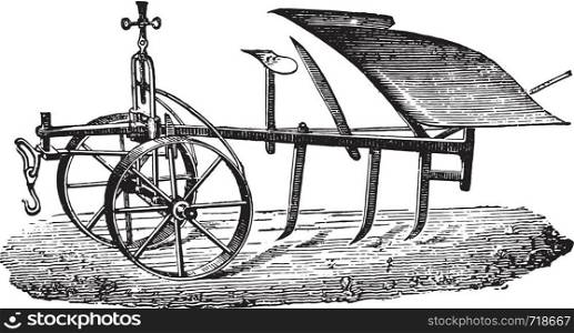 Mixed rocking plow Bajac-Delahaye, vintage engraved illustration. Industrial encyclopedia E.-O. Lami - 1875.