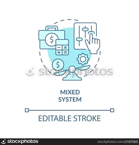 Mixed system turquoise concept icon. Public and private sectors. Economic systems abstract idea thin line illustration. Isolated outline drawing. Editable stroke. Arial, Myriad Pro-Bold fonts used. Mixed system turquoise concept icon