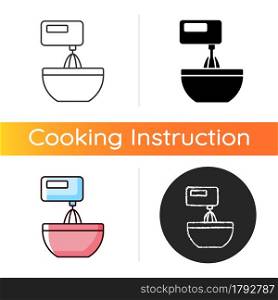 Mixer icon. Beating mixture step in cooking instruction. Stir ingredients with electric blender. Food preparation process. Linear black and RGB color styles. Isolated vector illustrations. Mixer icon