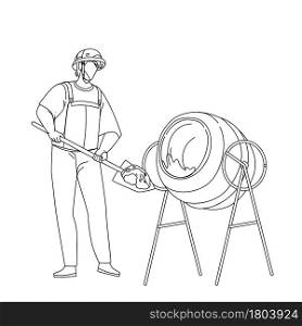 Mixing Cement Construction Worker In Tool Black Line Pencil Drawing Vector. Builder Filling Cement With Shovel In Mixer, Working Prepare Concrete In Building Equipment. Professional Illustration. Mixing Cement Construction Worker In Tool Vector