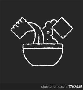 Mixing cooking ingredient chalk white icon on dark background. Add water in bowl for dough making. Cooking instruction. Food preparation process. Isolated vector chalkboard illustration on black. Mixing cooking ingredient chalk white icon on dark background