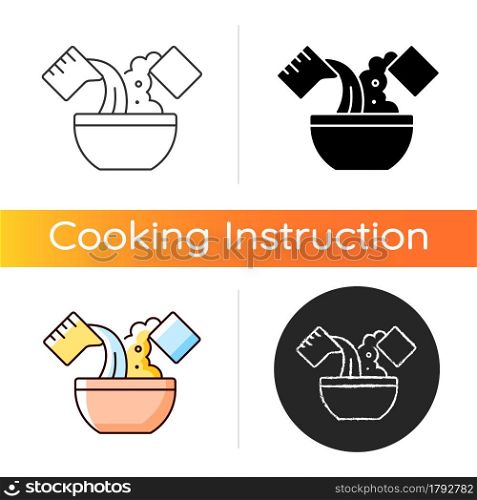 Mixing cooking ingredient icon. Add water in bowl for dough making. Cooking instructions. Food preparation process. Linear black and RGB color styles. Isolated vector illustrations. Mixing cooking ingredient icon
