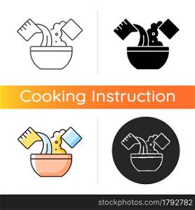 Mixing cooking ingredient icon. Add water in bowl for dough making. Cooking instructions. Food preparation process. Linear black and RGB color styles. Isolated vector illustrations. Mixing cooking ingredient icon