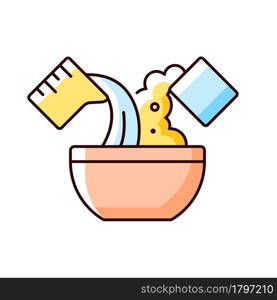 Mixing cooking ingredient RGB color icon. Add water in bowl for dough making. Cooking instruction. Food preparation process. Isolated vector illustration. Simple filled line drawing. Mixing cooking ingredient RGB color icon
