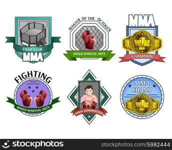 Mma fighting emblems labels set. Martial fighting art mma champions league clubs emblems labels icons collection abstract isolated vector illustration
