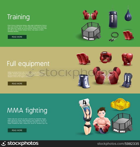 Mma fighting interactive 3d banners set. Mma fighting training full equipment and accessories interactive website 3d horizontal banners set abstract isolated vector illustration