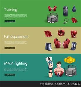 Mma fighting interactive 3d banners set. Mma fighting training full equipment and accessories interactive website 3d horizontal banners set abstract isolated vector illustration