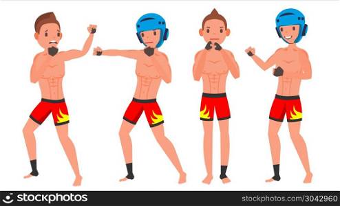 MMA Male Player Vector. Fighting On Ring, Cage, Arena. Playing In Different Poses. Man Athlete. Isolated On White Cartoon Character Illustration. MMA Male Player Vector. Poses Set. Muscular Sports Guy Workout. In Action. Cartoon Character Illustration
