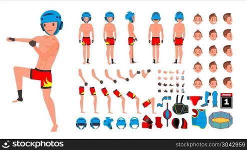 MMA Player Male Vector. Animated Character Creation Set. Man Full Length, Front, Side, Back View, Accessories, Poses, Face Emotions, Gestures. Isolated Flat Cartoon Illustration. MMA Player Male Vector. Animated Character Creation Set. Man Full Length, Front, Side, Back View, Accessories, Poses, Face Emotions, Gestures. Isolated Cartoon Illustration
