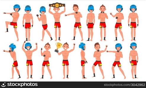 MMA Player Male Vector. Muay Thai Poses. Muscular Sports Guy Workout. Isolated Flat Cartoon Character Illustration. MMA Young Man Player Vector. Man. Fighters Fighting. Training Club. Poses Set. Flat Athlete Cartoon Illustration