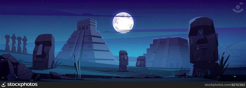Moai statues and pyramids at night, republic of Chile travel famous landmark stone heads on under full moon on Easter Island or Rapa Nui, South America archaeology monument cartoon vector illustration. Moai statues and pyramids at night famous landmark
