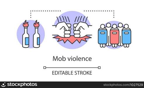 Mob violence concept icon. Civil unrest, vandalism, rebelion control idea thin line illustration. Molotov cocktails, fists and riot police with shields vector isolated outline drawing. Editable stroke