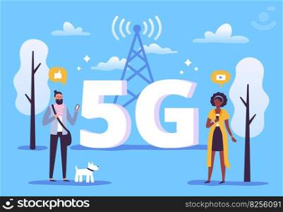Mobile 5g connection. People with smartphones use high speed internet. Vector of smartphone technology 5g, wireless internet network illustration. Mobile 5g connection. People with smartphones use high speed internet