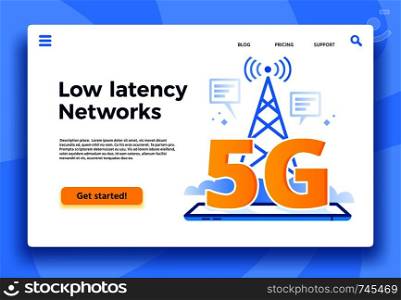 Mobile 5G landing page. Fast internet connection, low latency networks and communication network coverage. High speed lte iot internet, global wireless networking vector illustration. Mobile 5G landing page. Fast internet connection, low latency networks and communication network coverage vector illustration