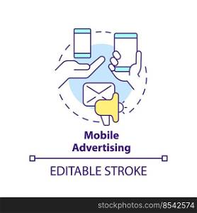 Mobile advertising concept icon. Type of digital ads abstract idea thin line illustration. Build product awareness. Isolated outline drawing. Editable stroke. Arial, Myriad Pro-Bold fonts used. Mobile advertising concept icon