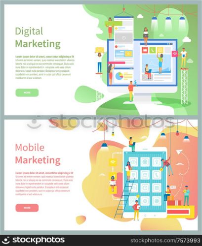Mobile and digital marketing online pages, modern devices vector. Computer screen and tablet or smartphone, Internet market research and development. Digital and Mobile Marketing Pages, Modern Devices