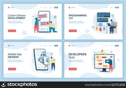Mobile app design, software development landing page template. Programming skills, ui ux design, building website concept vector set. Characters constructing smartphone application