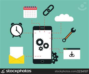 Mobile app developer. Icon for design of developer of application and seo. Business concept. Upload of software from cloud, website and storage. Banner for structure and management. Vector.