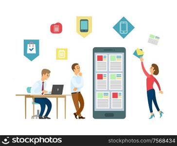 Mobile app development and office IT workers vector. Laptop and smartphone, men and woman, business symbols, device and message, calculator and notepad. Office IT Workers and Mobile App Development