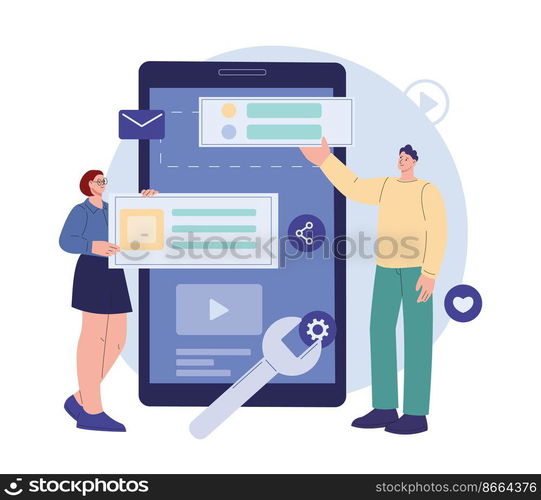 Mobile app development. Application software construction, web developers and programming. Phone upgrade service process, kicky vector characters. Illustration of software application. Mobile app development. Application software construction, web developers and programming. Phone upgrade service process, kicky vector characters