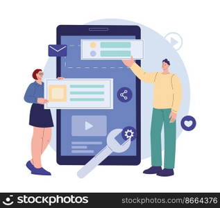 Mobile app development. Application software construction, web developers and programming. Phone upgrade service process, kicky vector characters. Illustration of software application. Mobile app development. Application software construction, web developers and programming. Phone upgrade service process, kicky vector characters