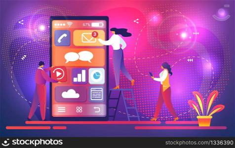 Mobile App Development Concept with Male and Female Characters Putting Application Icons on Smartphone Screen. Sparkling Background. Man and Women Working Together. Cartoon Flat Vector Illustration.. Mobile App Development Concept with Tiny Character