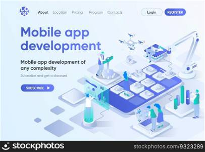 Mobile app development isometric landing page. UI UX responsive design, front end and back end development. Mobile software template for CMS and website builder. Isometry scene with people characters.