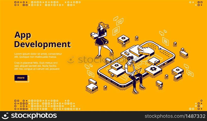 Mobile app development isometric landing page. User experience, ui ux phone interface design creation. Tiny people at huge smartphone work on gadget software application, 3d vector line art web banner. Mobile app development isometric landing page