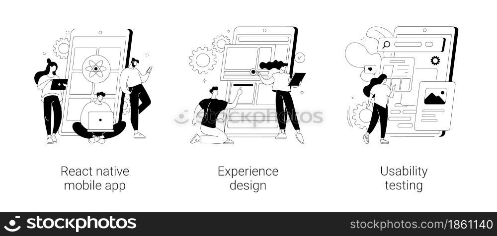 Mobile app development process abstract concept vector illustration set. React native mobile app, experience design, usability testing, user interface, software architecture abstract metaphor.. Mobile app development process abstract concept vector illustrations.