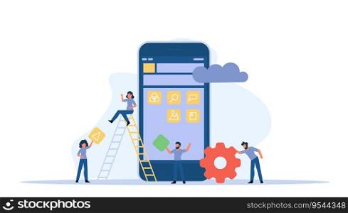 Mobile app development vector concept illustration design. Application create business phone web interface screen. Flat developer construction smartphone. Programming UI device button element.