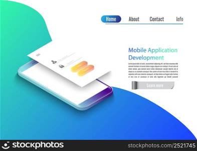 Mobile app development vector illustration. Isometric mobile phone with layout of application. User experience, user login interface. Gadget software.