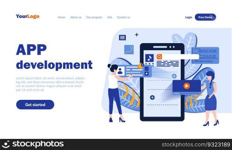 Mobile app development vector landing page template with header. Application programming web banner, homepage design with flat illustrations. Modern microcircuit system. Software concept