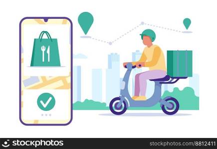 Mobile app for food delivery. Courier riding scooter. Man with delivering box. Meal shipping. Smartphone application. Web service. City navigation map with location and traffic route. Vector concept. Mobile app for food delivery. Courier riding scooter. Man with delivering box. Meal shipping. Smartphone application. City navigation map with location and traffic route. Vector concept