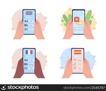 Mobile app for learning languages 2D vector isolated illustration set. Flat first view hand on cartoon background. Colourful scene collection for mobile, website, presentation. Patrick Hand font used. Mobile app for learning languages 2D vector isolated illustration set
