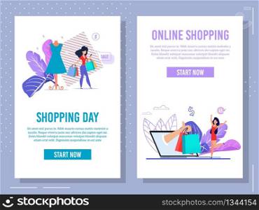 Mobile App for Online Shopping Webpage Trendy Flat Set. Cartoon Woman Character Doing Purchases via Laptop and Smartphone. Internet Order and Payment. Fast Goods Delivery. Vector Illustration. Mobile App for Online Shopping Webpage Flat Set