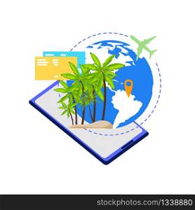 Mobile App for Travelers, Planning Vacation Trip, Booking Tickets Online Flat Vector Concept. Plane Flying around Globe, Travel Destination on World Map, Palm Trees on Tropical Beach Illustration