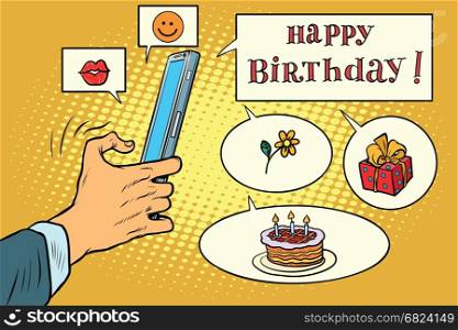 Mobile app greetings happy birthday. Pop art retro comic book vector illustration. Social networks and gifts. Mobile app greetings happy birthday