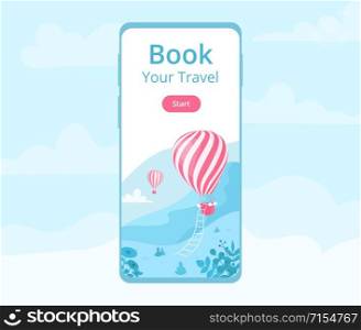 Mobile app hot air balloon booking vector illustration. Ui application online booking concept for mobile phone screen with red hot air balloon at blue mountain landscape for travel reservation website. Mobile app hot air balloon booking vector graphic