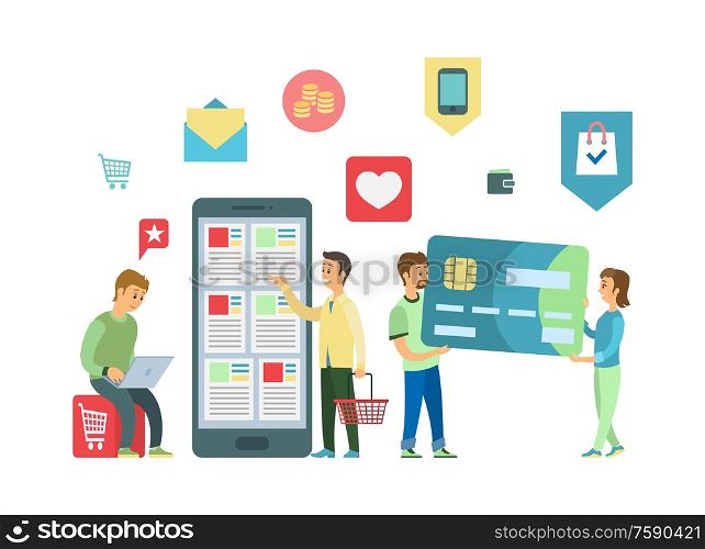 Mobile app, online shopping in smartphone and laptop vector. Credit card and supermarket cart or basket, message and money, like and buy web icons. Online Shopping Mobile App, Smartphone and Laptop