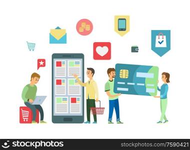 Mobile app, online shopping in smartphone and laptop vector. Credit card and supermarket cart or basket, message and money, like and buy web icons. Online Shopping Mobile App, Smartphone and Laptop