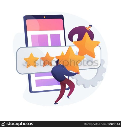 Mobile app rating, online grading, efficiency mark. Setting stars for application, function evaluation. Smartphone users cartoon characters. Vector isolated concept metaphor illustration.. Mobile app rating vector concept metaphor.
