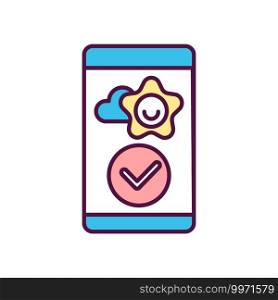 Mobile app satisfaction check RGB color icon. User experience on smartphone software. Digital technology. E-commerce transaction. Communication technology. Isolated vector illustration. Mobile app satisfaction check RGB color icon