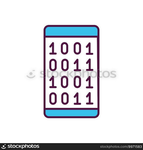 Mobile app software coding RGB color icon. Data encryption. Binary code on smartphone screen. Programming and algorithm optimization. IT project. Online security firewall. Isolated vector illustration. Mobile app software coding RGB color icon