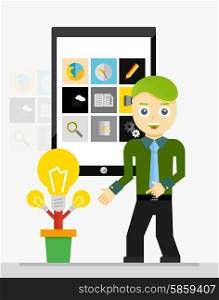 Mobile app startup idea. Young businessman showing growing plant of light bulbs. Mobile app startup idea concept. Young businessman showing growing plant of light bulbs. Vector illustration