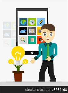 Mobile app startup idea. Young businessman showing growing plant of light bulbs. Mobile app startup idea concept. Young businessman showing growing plant of light bulbs. Vector illustration