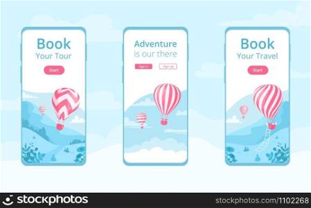 Mobile app template with hot air balloon vector illustration set. Travel online booking service, adventure book app concept at mobile phone screen with red hot air balloon on blue mountain landscape. Mobile app template set with hot air balloons